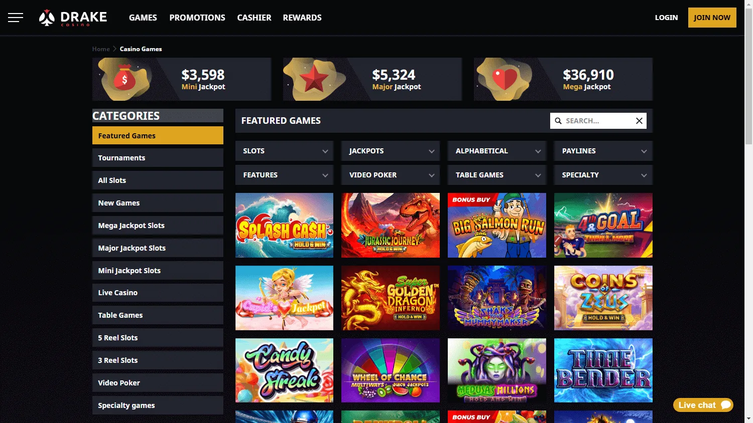 Drake Casino game library on a desktop screen