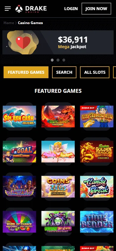 Drake Casino game library on a mobile device