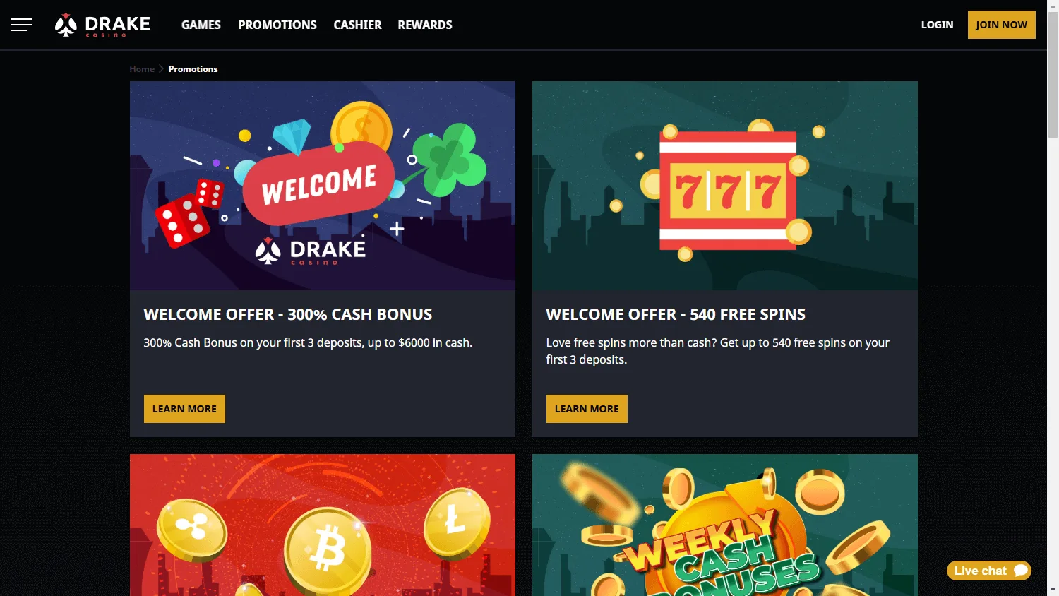 Drake Casino promotions area on a desktop screen