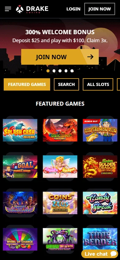 Drake Casino home interface on a mobile device