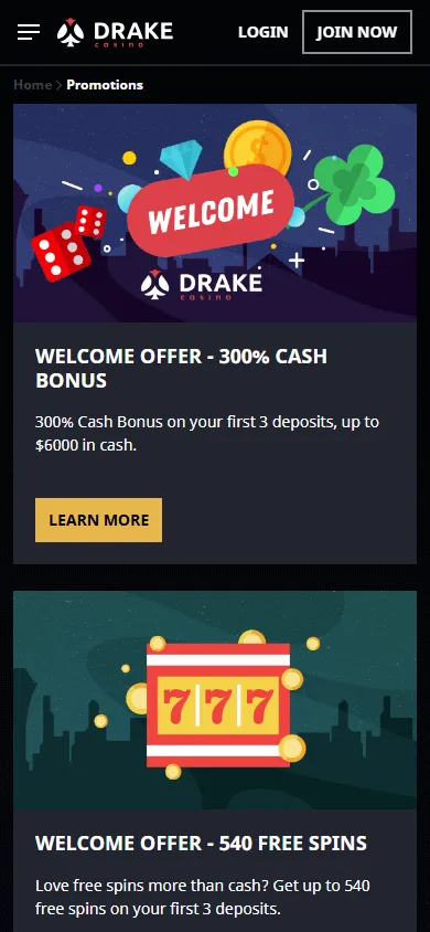 Drake Casino promotions area on a mobile device