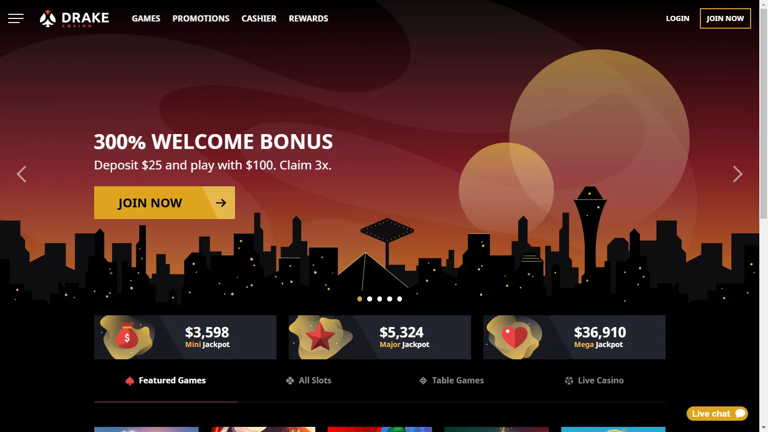 Drake Casino home interface on a desktop screen